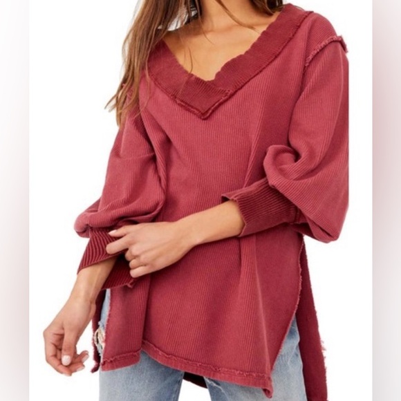 We The Free Tops - Women’s Free People Asher Thermal Oversized V Neck Knit Top Raw Edge Detail Sz M